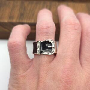 Size 8.5 Sterling Silver Crystal And Black Enamel Belt Ring A378